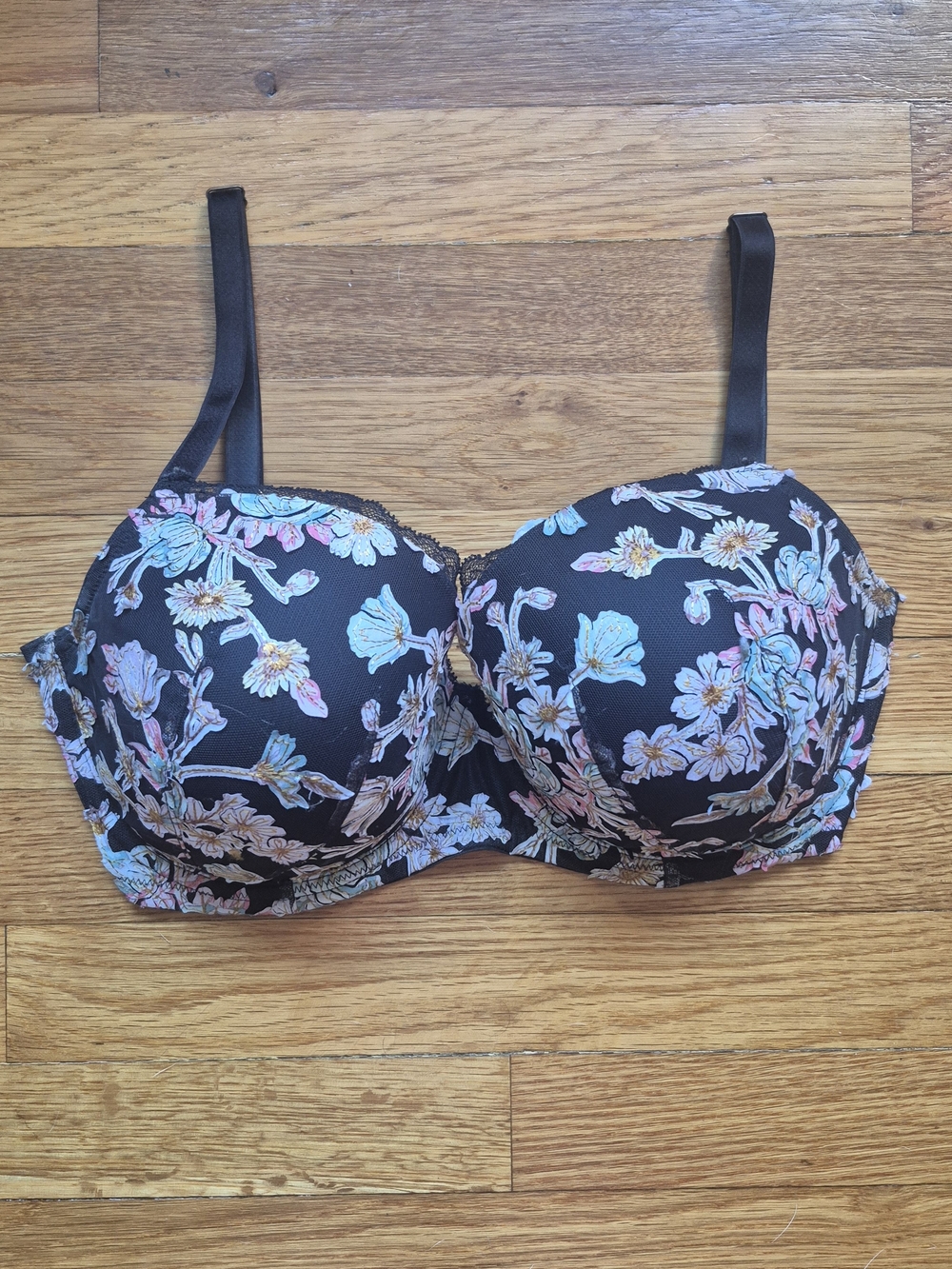 Victoria Secret Push-Up Bra Black with Pastel Floral Print Size 36DDD 36F